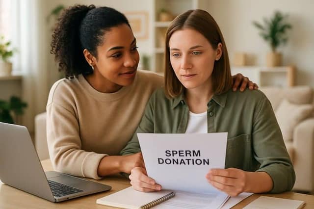 Same-sex couple reviewing UK sperm donation options together at home