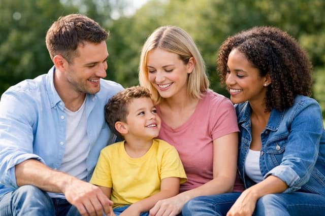 Happy family with young son outdoors representing UK co-parenting arrangement with two mothers and father