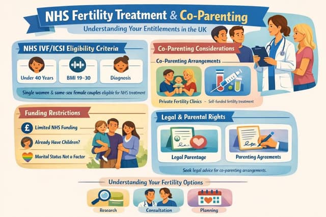 NHS fertility treatment and co-parenting infographic showing eligibility criteria, funding restrictions, legal rights, and family planning options in the UK