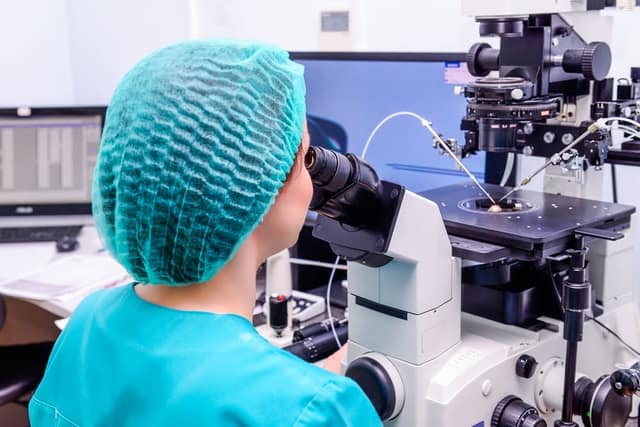 embryologist adding sperm egg laboratory reproductive