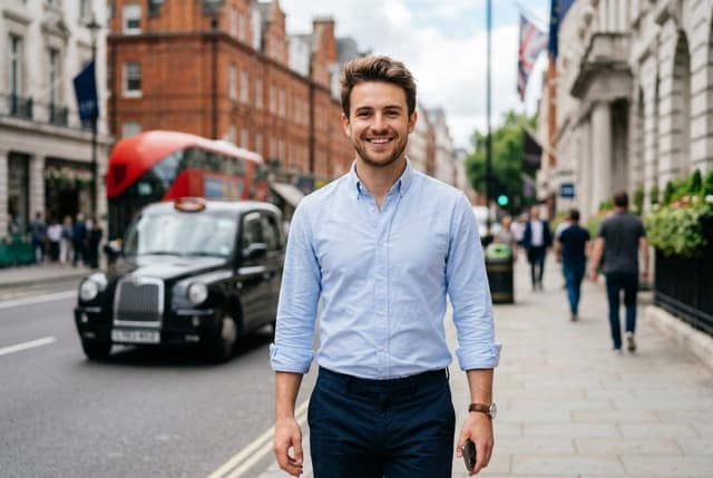 Smiling young man on London street with red bus and black cab representing someone ready to become a sperm donor in UK