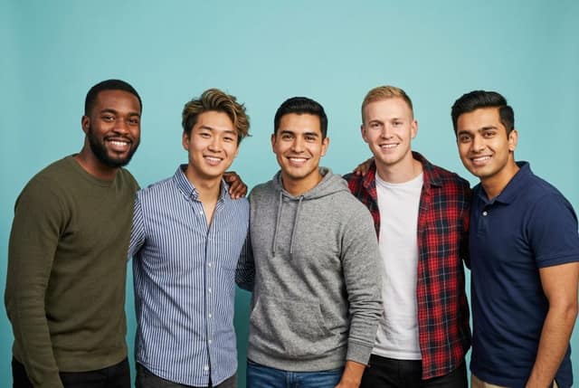 Group of five diverse young men smiling together representing potential free sperm donors UK available for co-parenting arrangements
