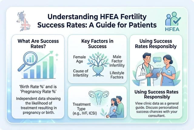 Understanding HFEA success rates infographic showing key factors influencing IVF and pregnancy outcomes for fertility patients
