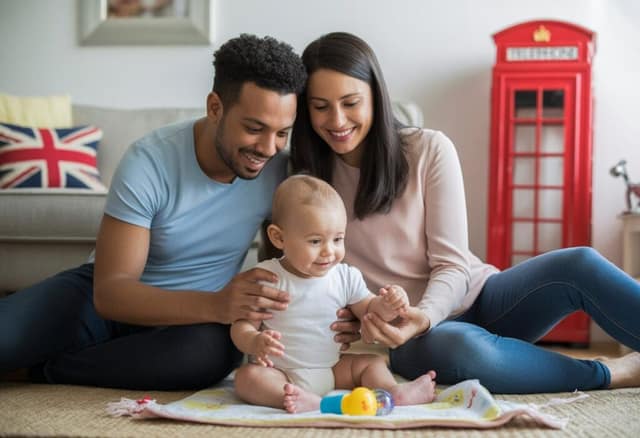 Co-parenting couple in the UK with their baby at home photo