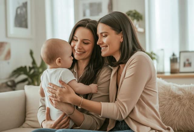 Lesbian couple holding their baby at home photo