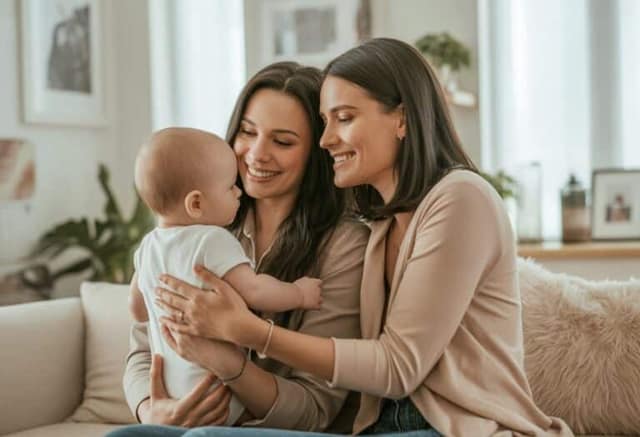 Lesbian couple holding their baby at home photo