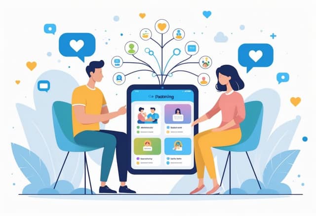 Two adults using a digital device to connect through a co-parenting app, with icons representing communication and scheduling around them