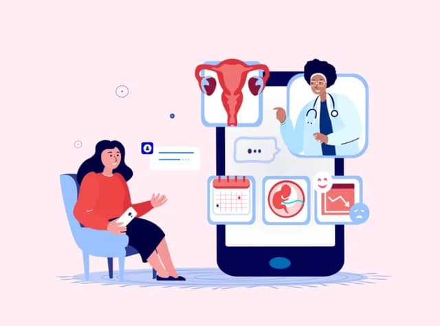 Woman using a pregnancy app during an online consultation with a doctor