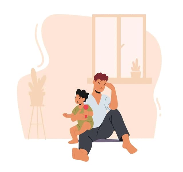postnatal depression in fathers illustration showing an exhausted father caring for a crying child at home