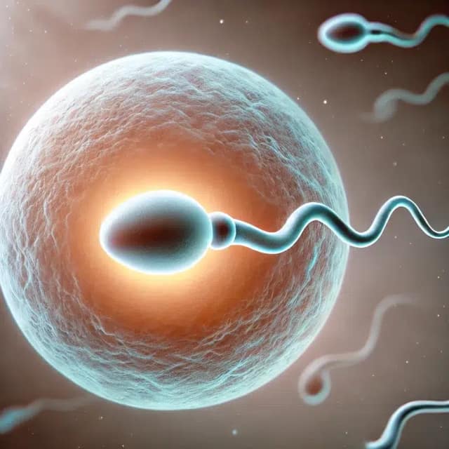 A single sperm cell swimming towards a large, glowing egg in the process of fertilization. The sperm is depicted with a rounded head and a long, wavy