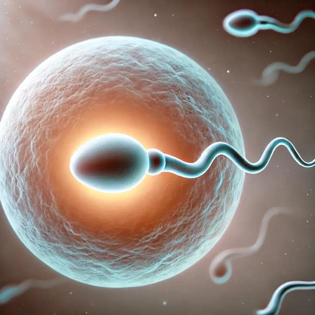 A single sperm cell swimming towards a large, glowing egg in the process of fertilization. The sperm is depicted with a rounded head and a long, wavy