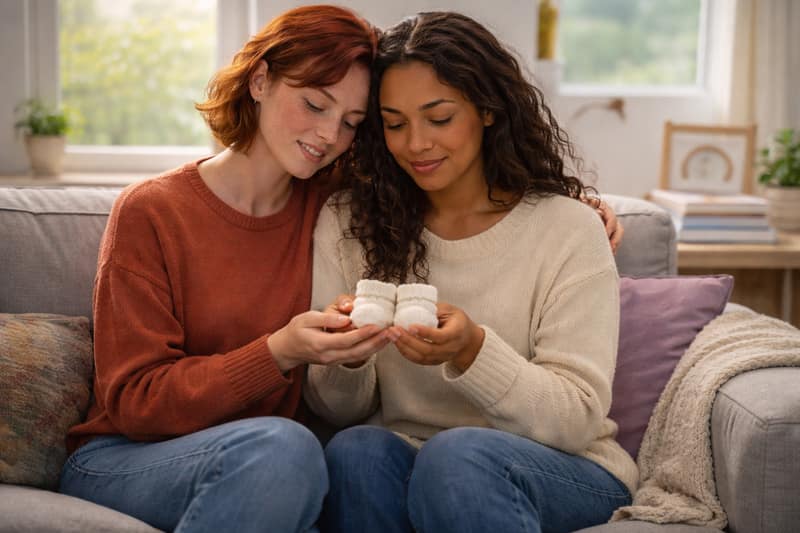 Lesbian couple sitting on couch holding baby booties together planning home insemination lesbian couples fertility journey at home