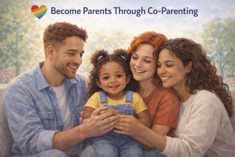 Three adults with young child showing how to become parents through co-parenting arrangement with rainbow heart symbol above