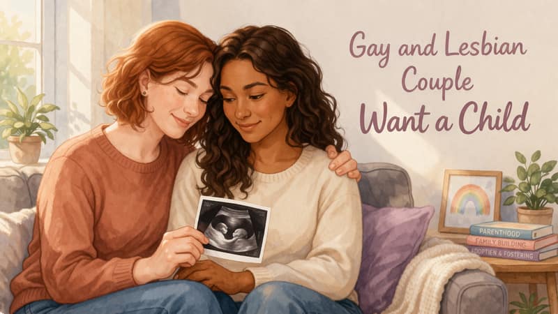 Gay and lesbian couple holding ultrasound photo together on couch with text showing same-sex couples want a child through fertility options