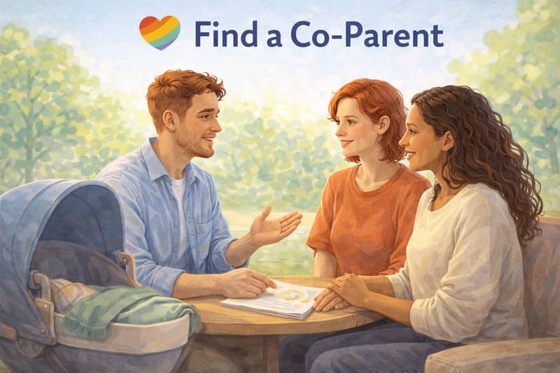 Illustrated scene showing man meeting two women at outdoor table with baby stroller to find a co-parent for shared parenting journey