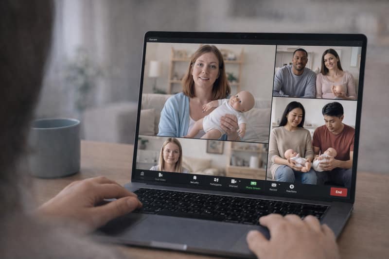 Online parenting classes video call with parents and baby