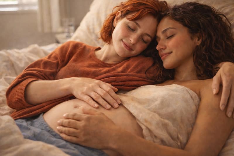 Lesbian couple lying together with hands on pregnant belly showing how lesbian couples conceive through sperm donation