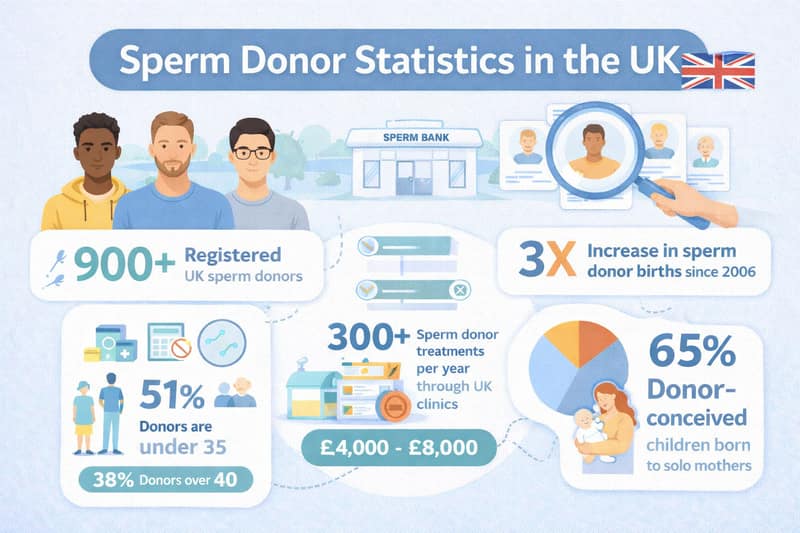 Sperm donor statistics UK infographic showing donor numbers, age distribution and birth trends