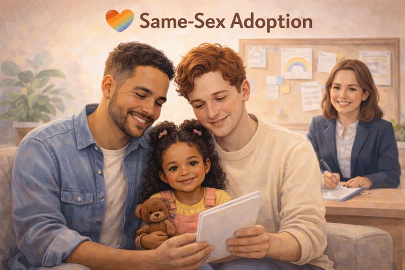 Gay male couple with adopted daughter reviewing documents with adoption counselor showing same-sex adoption process and family formation