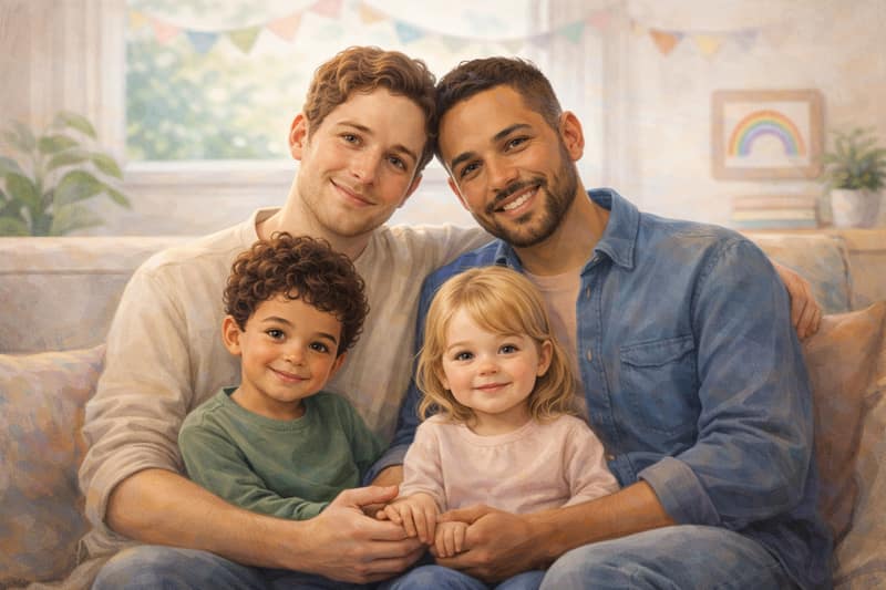 Gay male couple sitting on couch with son and daughter showing can gay people have kids through surrogacy adoption or co-parenting