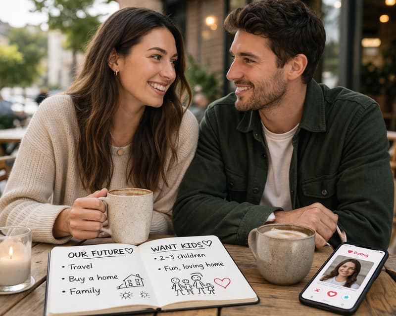 Want kids and dating couple discussing future plans over coffee