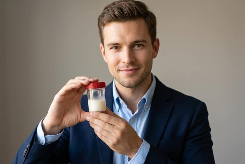 Professional man in business suit holding sperm sample container representing free sperm donor offering donation without payment