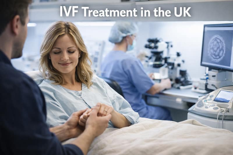 Woman in hospital gown holding hands with partner in IVF treatment in the UK fertility clinic with medical staff in background