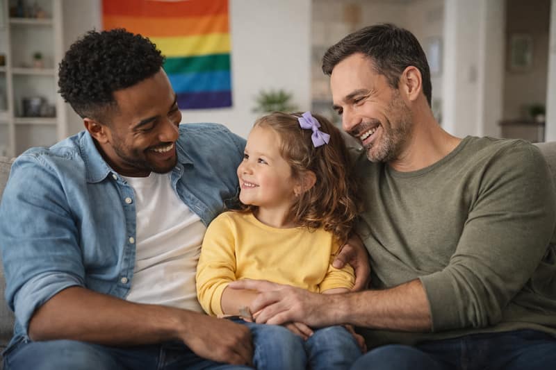 LGBT parenting two fathers with daughter smiling at home