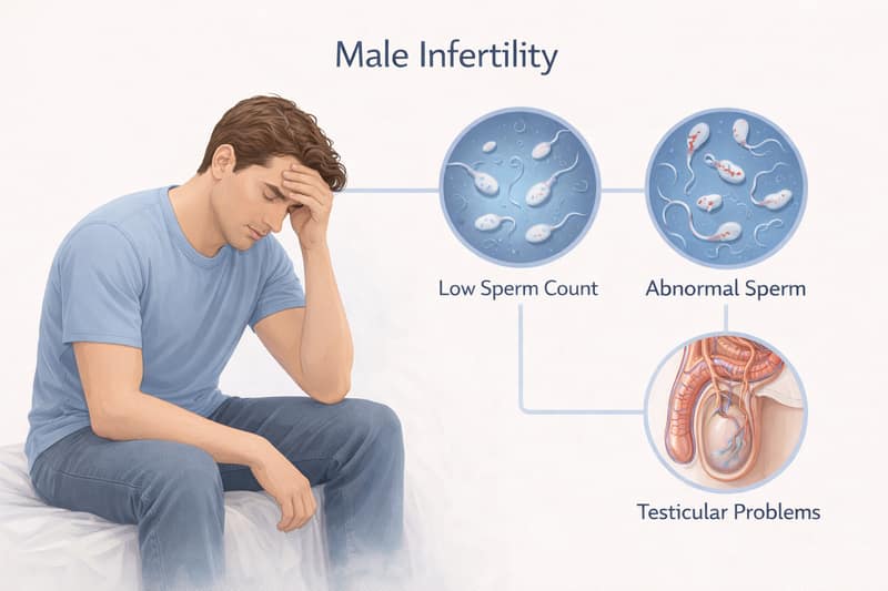 Signs of Male Infertility low sperm count abnormal sperm testicular problems illustration