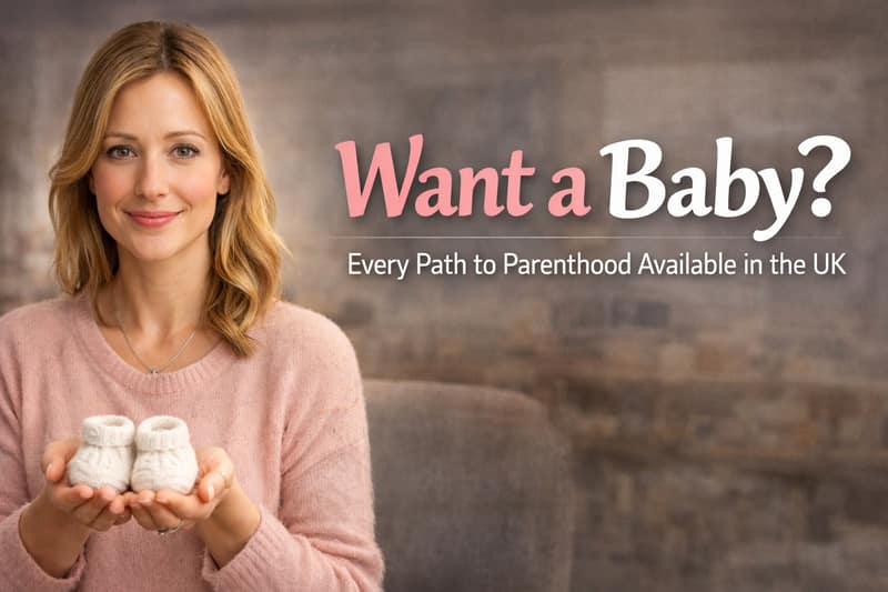 Woman holding baby booties with text Want a Baby representing every path to parenthood available in the UK for aspiring parents