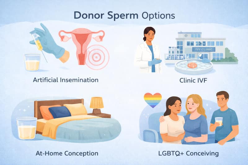 Donor sperm options illustration showing artificial insemination, IVF clinic, home conception, and LGBTQ+ conceiving