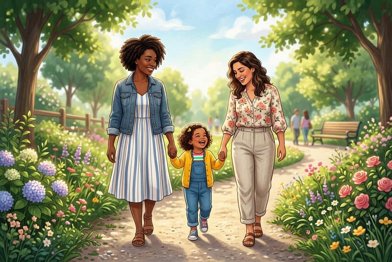 Two women walking hand in hand with young child in park illustrating harmonious co-parenting agreement between same-sex parents
