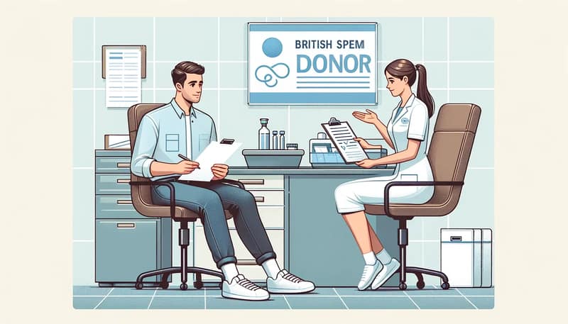 A man sits in a clinic chair filling out paperwork. A nurse explains the donation process. A sign on the wall reads British Sperm Donor