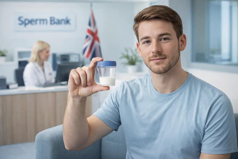 British sperm donor holding sample in UK sperm bank clinic