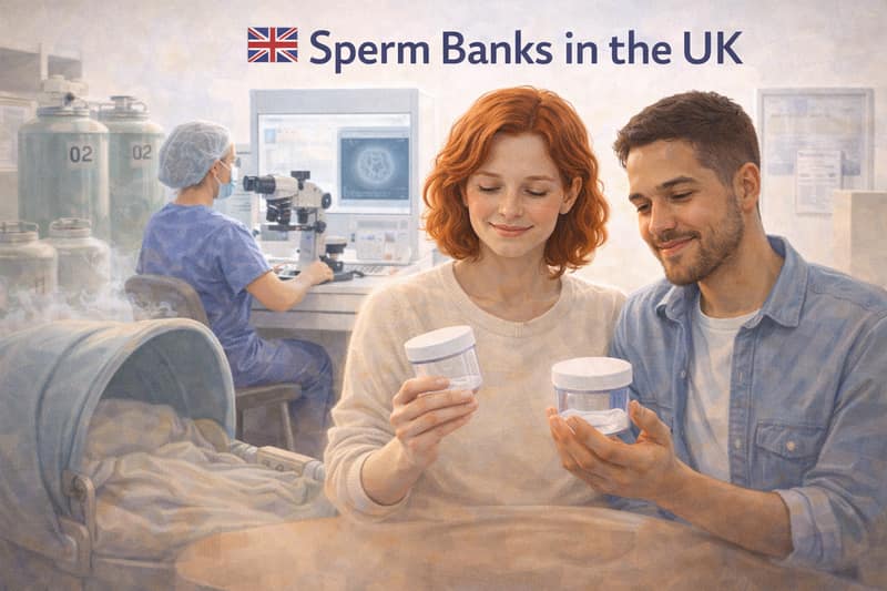 Couple reviewing sperm samples at fertility clinic with UK flag showing sperm banks in the UK and laboratory staff working in background