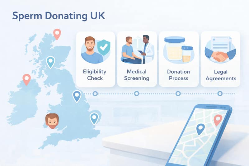 Sperm donating UK infographic showing eligibility, medical screening, donation process and legal steps