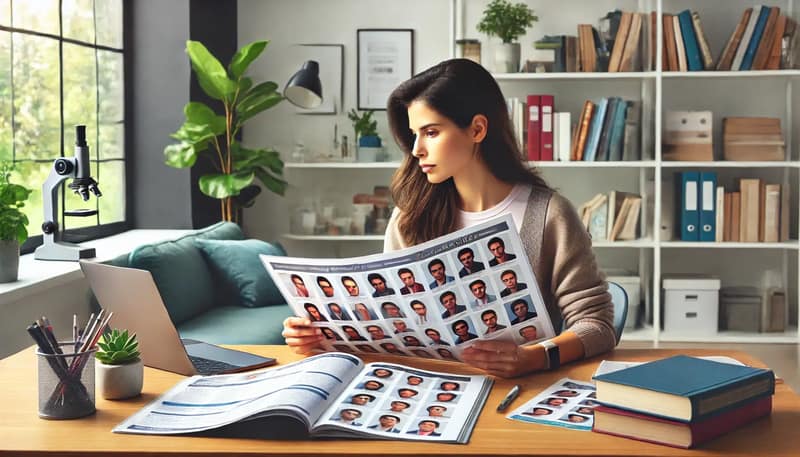 Illustration of a woman sitting at a desk browsing a catalog of potential AI sperm donor