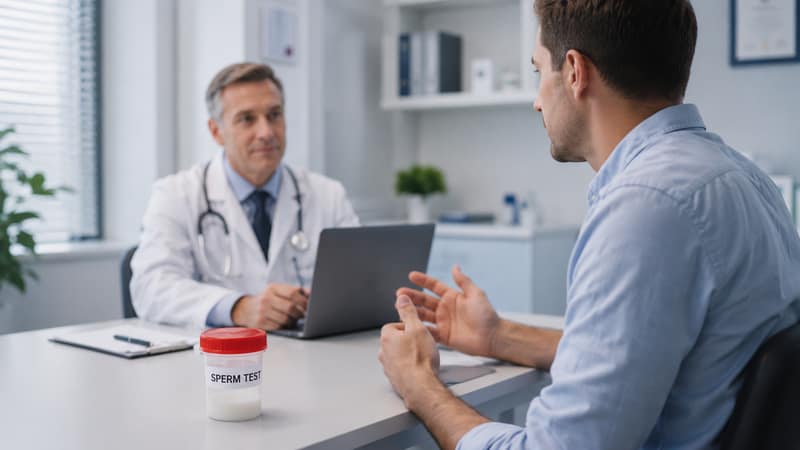 Sperm Test consultation with a doctor and semen sample container