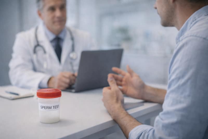 Sperm test consultation with doctor and sample container
