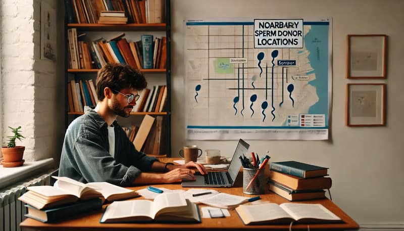 A person researching on a laptop, surrounded by books and papers, with a map showing nearby sperm donor locations pinned on the wall