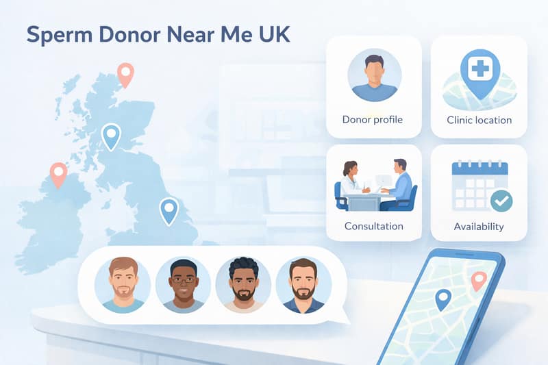 Sperm donor near me UK infographic showing donor profiles, clinic locations and availability