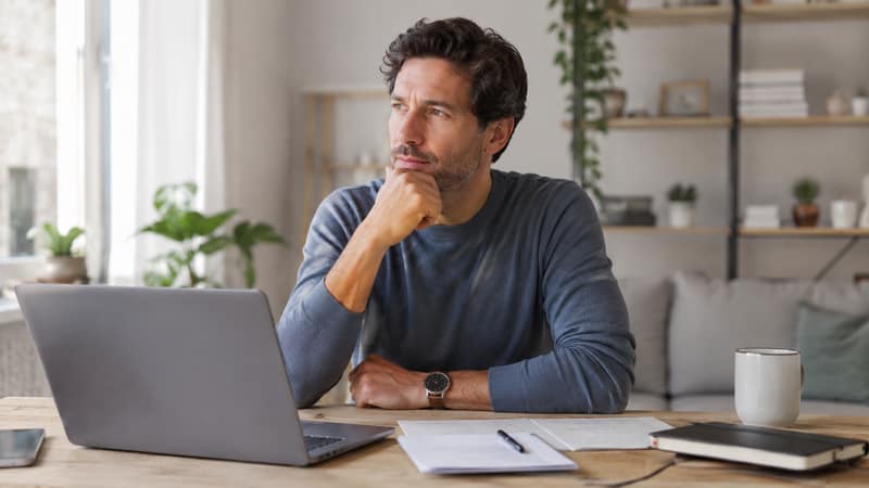 Donate sperm concept with a man thinking at home in front of a laptop