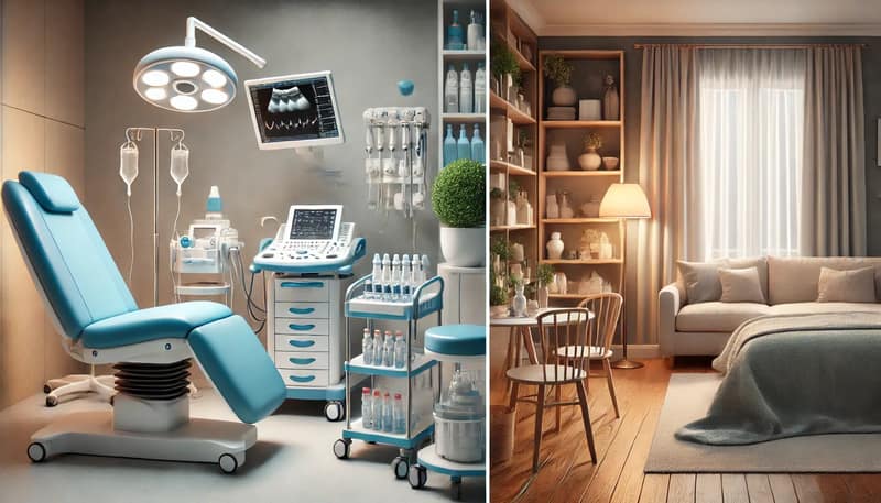 Split image comparing fertility clinic with medical equipment on left and cozy home setting on right illustrating natural sperm donor versus clinical options