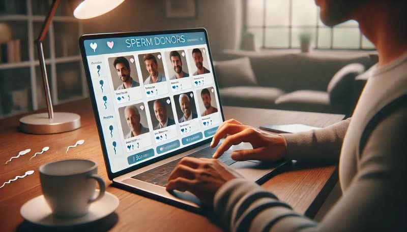 realistic image of a person browsing through profiles of potential sperm donors online. The person is seated at a desk, using a laptop or table