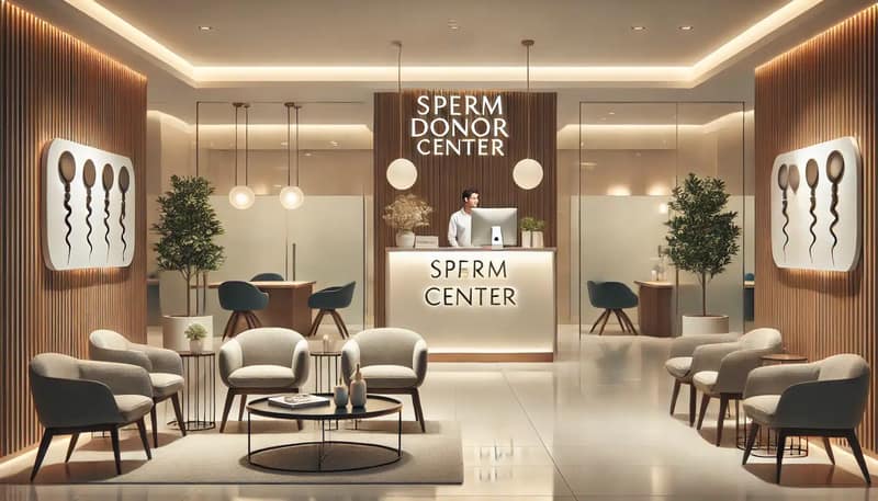 A modern sperm donor center, designed in a clean and professional style. The interior features a welcoming reception area with comfortable seating