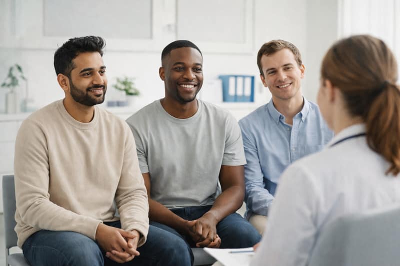 Sperm donation UK men attending fertility clinic consultation for sperm donation process