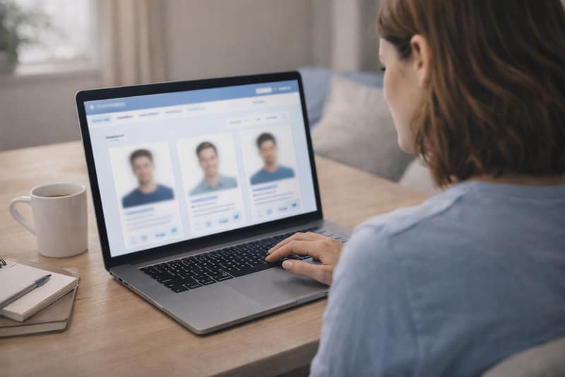 Buy sperm online UK woman browsing donor profiles on laptop