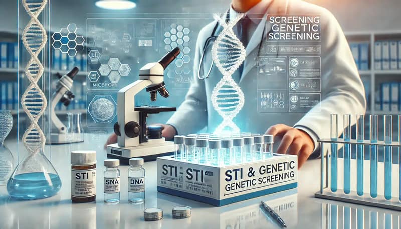 Modern laboratory showing STI and genetic screening tests for NI sperm donation with microscope and DNA analysis equipment