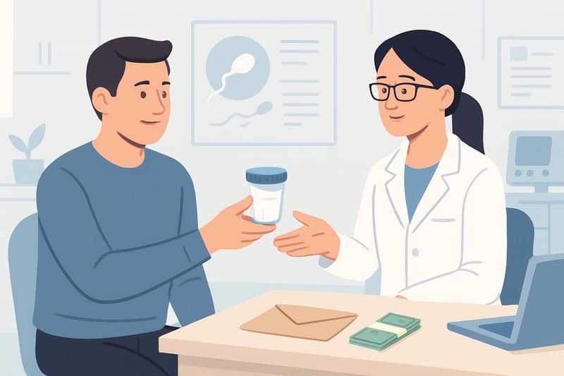 A man in a medical clinic hands a sample container to a healthcare professional with cash on a nearby desk