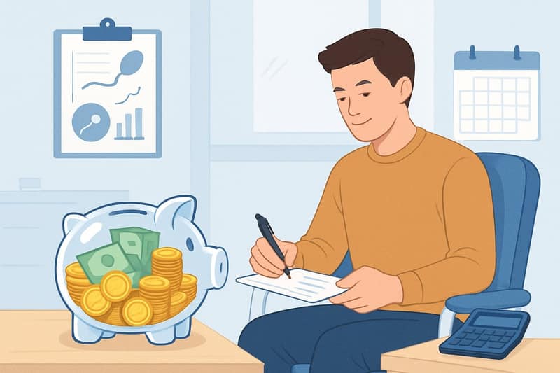 A man sitting in a medical clinic filling out paperwork with a piggy bank and financial symbols nearby representing sperm donation money